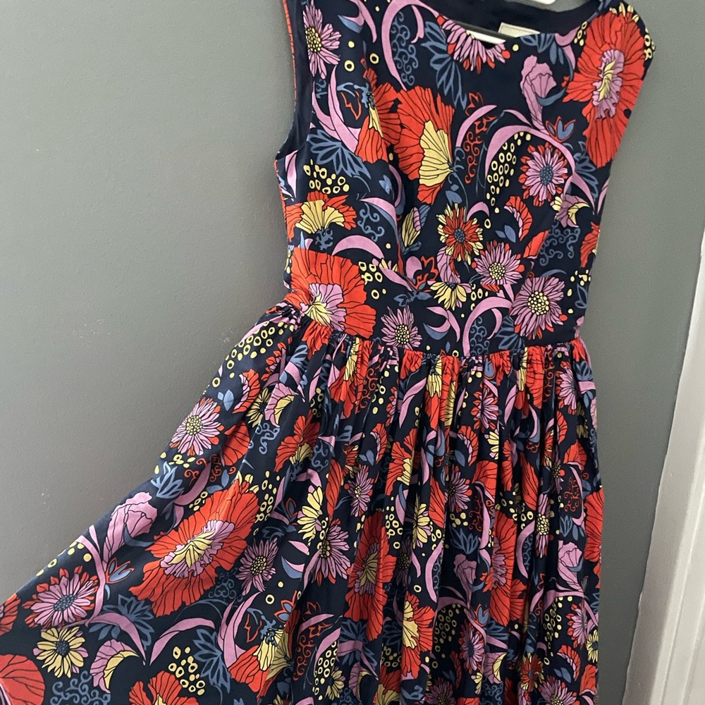 LG ModCloth floral midi dress / purple orange blue yellow